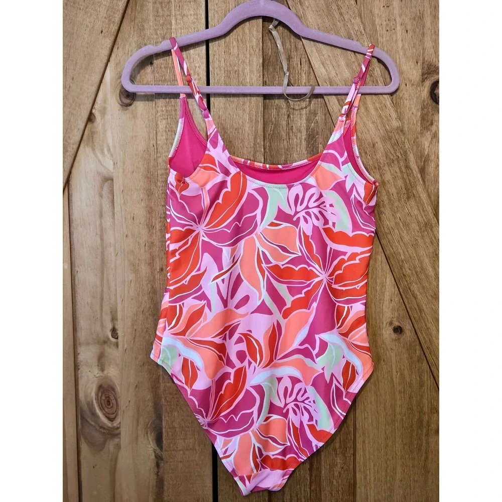 Old Navy One Piece Swimsuit Women L Pink Tropical Modest Adjustable Strap #767